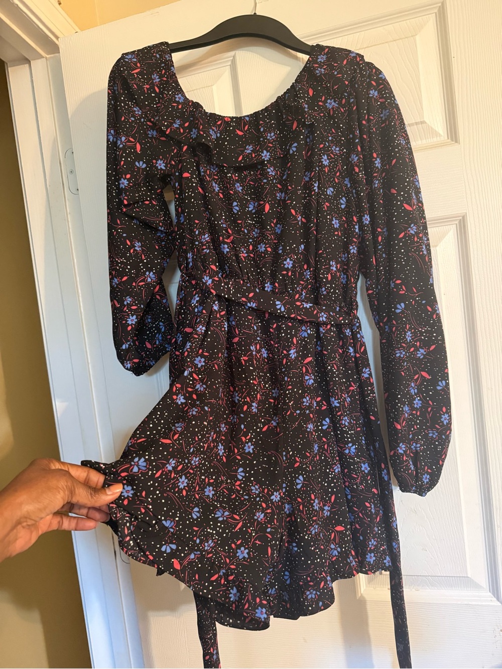 Aqua Black Floral Print Long-Sleeve Tie-Waist Dress